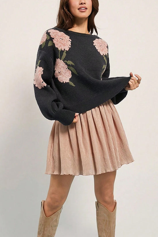 Off-Shoulder Floral Knit Sweater