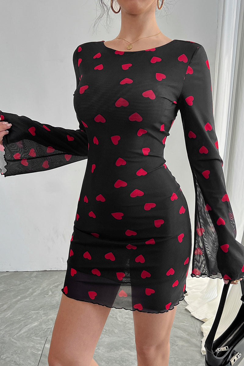 Heart Print Long Sleeve Bodycon Dress