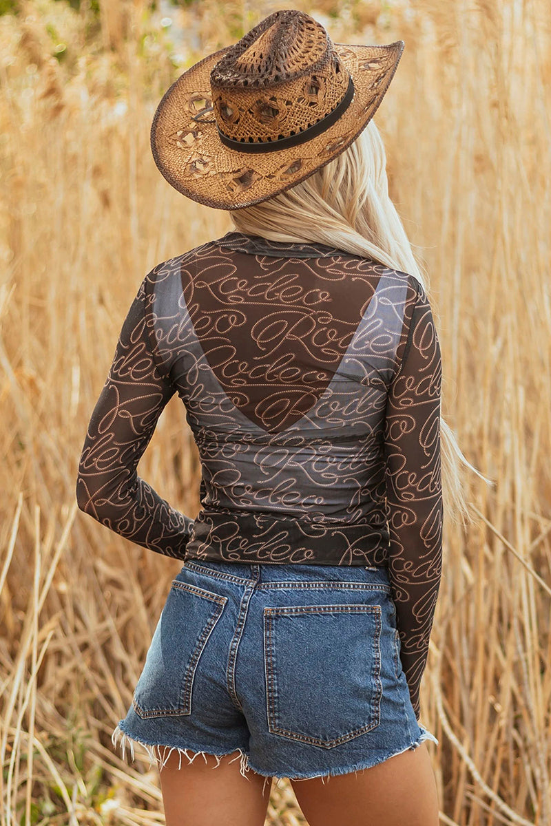 Western Printed Mock Neck Long Sleeve Top