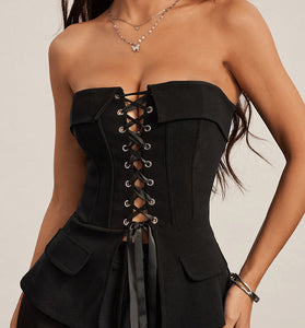 Lace-Up Strapless Peplum Top
