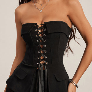 Lace-Up Strapless Peplum Top