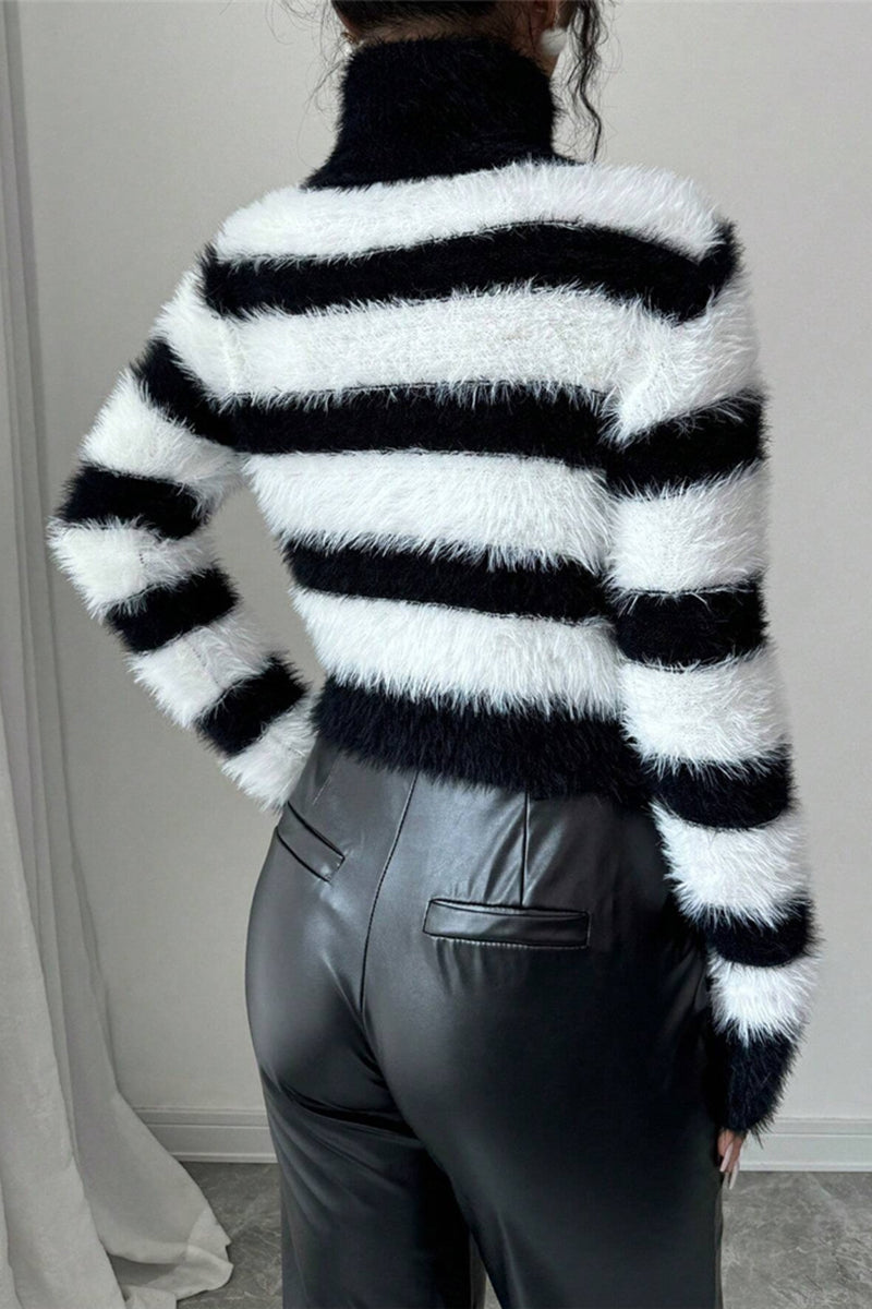 Striped Fluffy Turtleneck Sweater