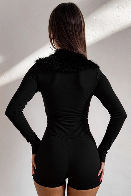 Faux Fur Collar Long Sleeve Romper