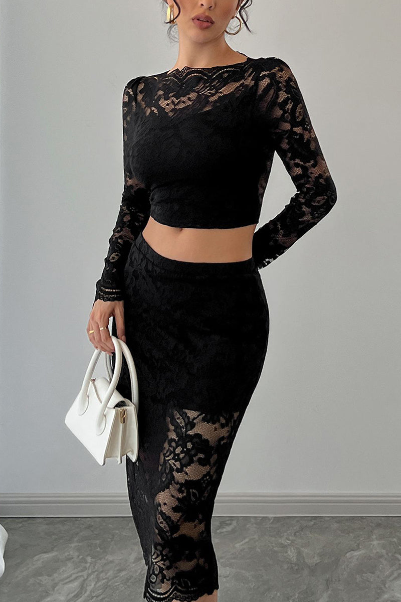 Elegant Lace Long Sleeve Skirt Set