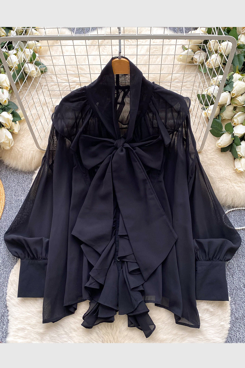 Elegant Bow Tie Ruffle Blouse