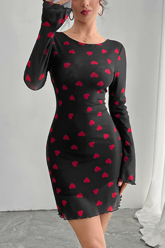 Heart Print Long Sleeve Bodycon Dress
