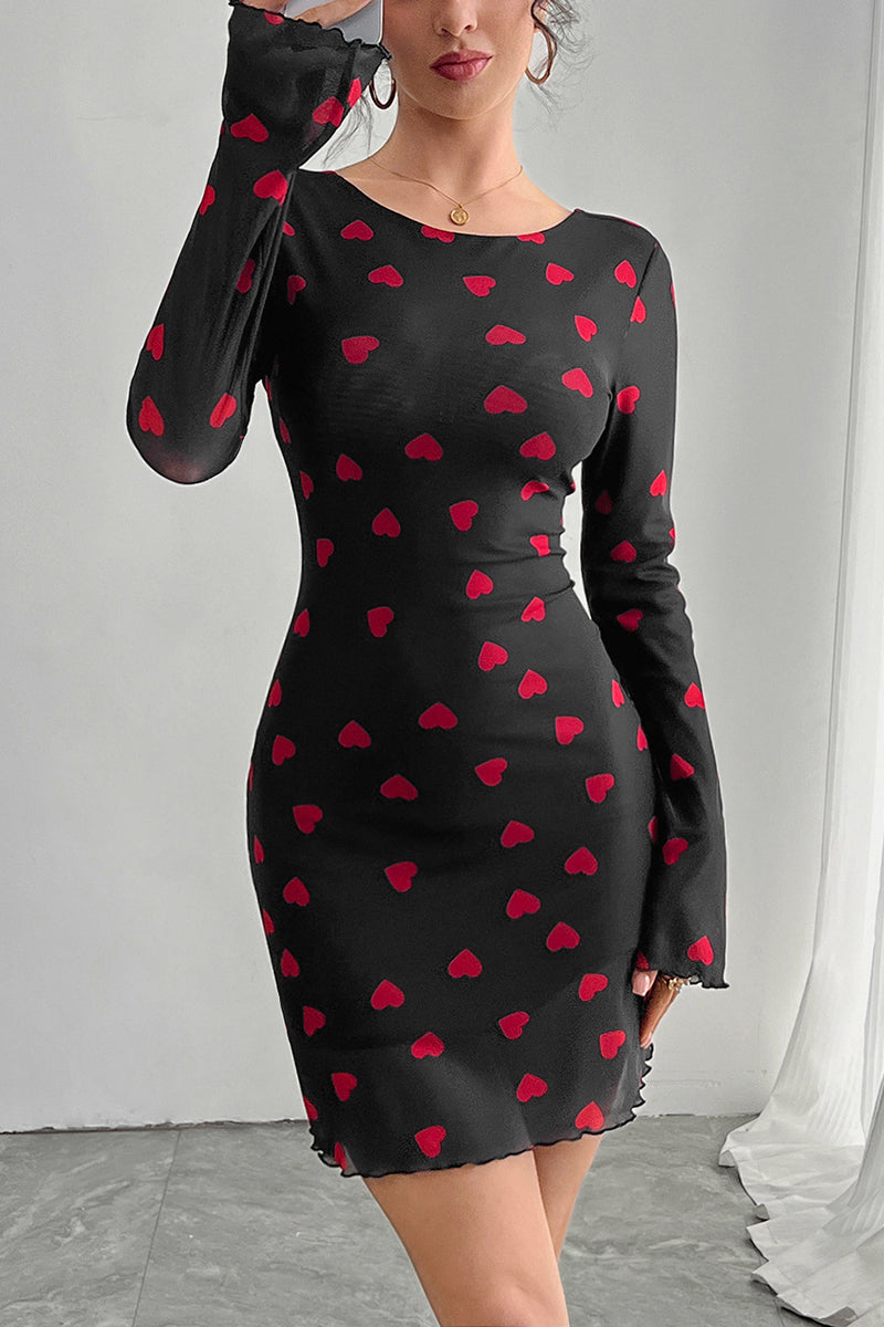 Heart Print Long Sleeve Bodycon Dress