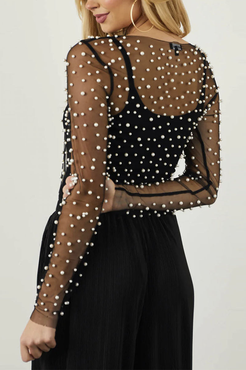 Pearl Embellished Mesh Long Sleeve Top