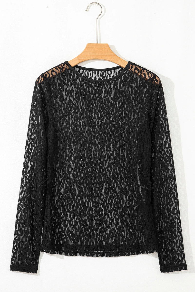 Leopard Pattern Sheer Long Sleeve Top