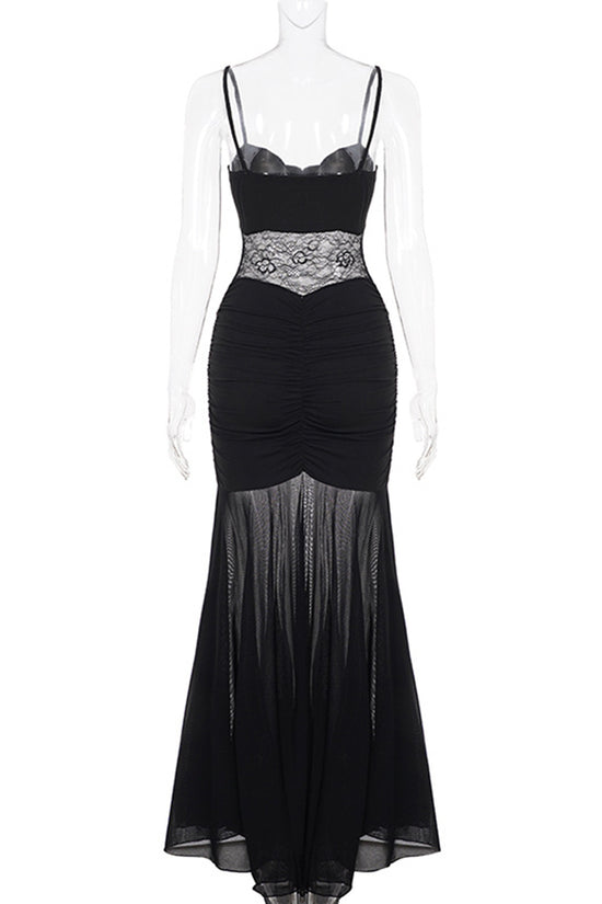 Ruched Lace Paneled Spaghetti Strap Dress