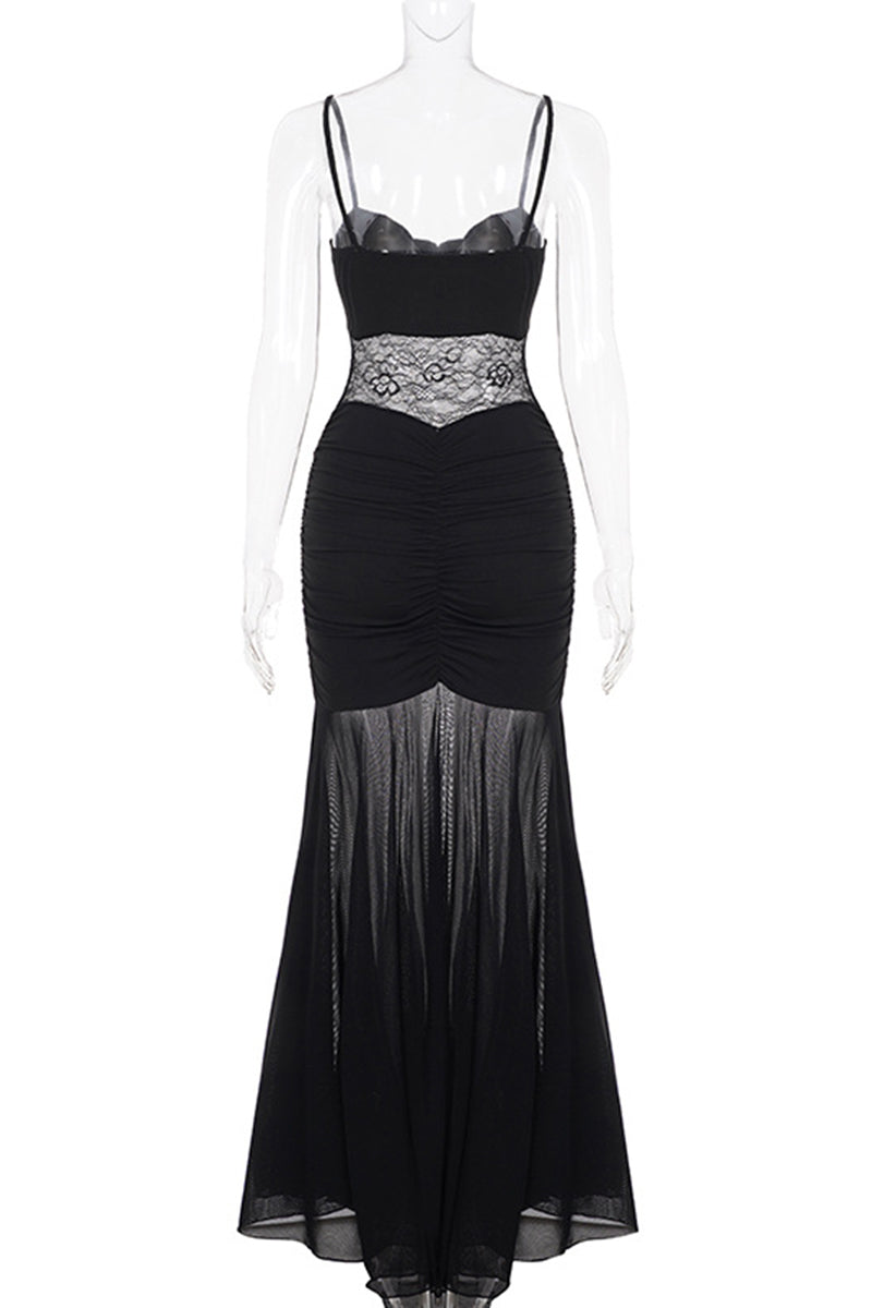 Ruched Lace Paneled Spaghetti Strap Dress