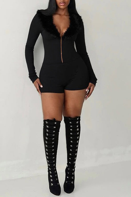 Faux Fur Collar Long Sleeve Romper