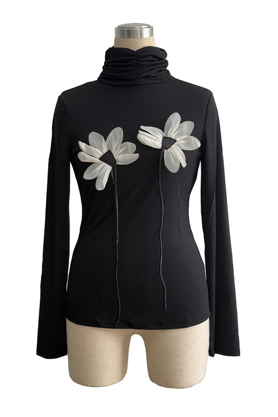 Floral Appliqué Turtleneck Long Sleeve Top