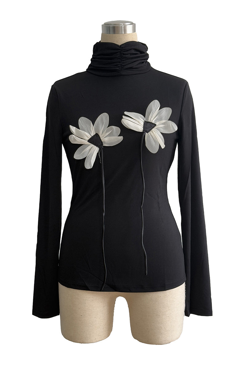 Floral Appliqué Turtleneck Long Sleeve Top
