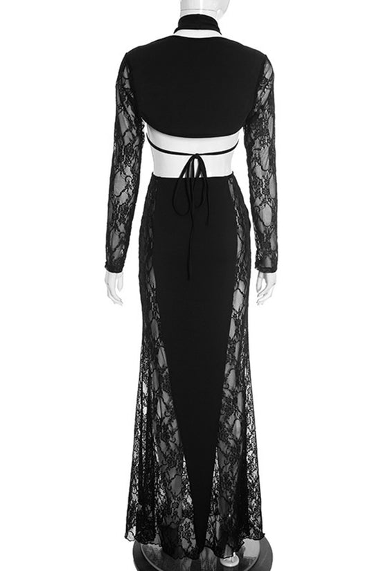 Lace Cutout Long Sleeve Casual Maxi Dress