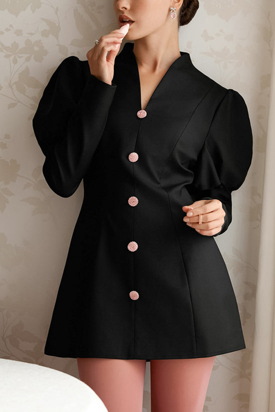 Elegant Puff Sleeve Button Dress