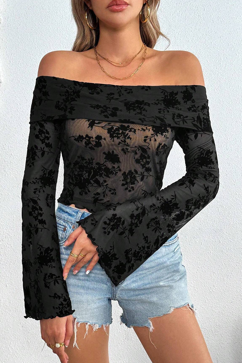 Off-Shoulder Floral Mesh Top