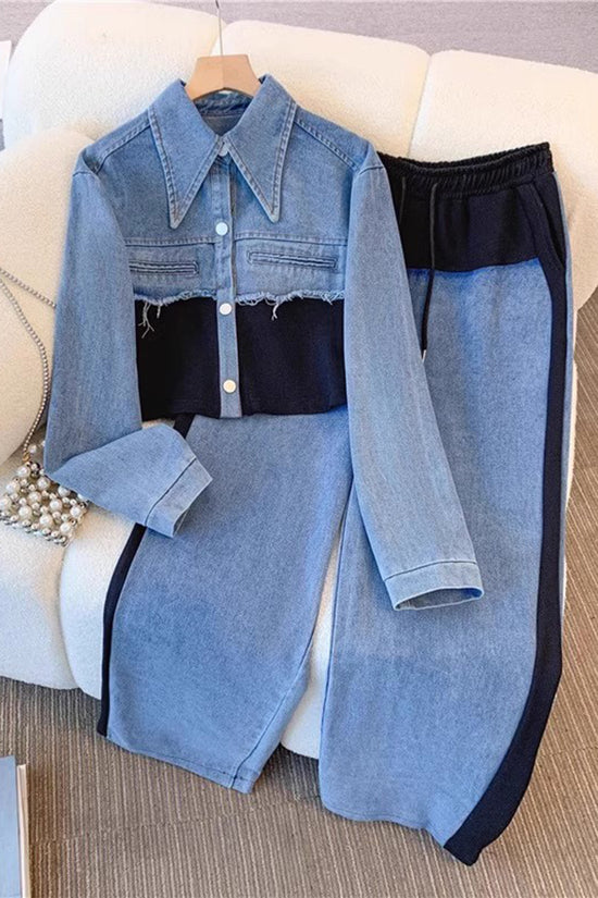 Stylish Denim Patchwork Two-Piece Set