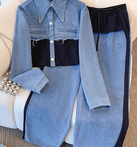 Stylish Denim Patchwork Two-Piece Set