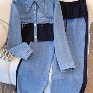 Stylish Denim Patchwork Two-Piece Set
