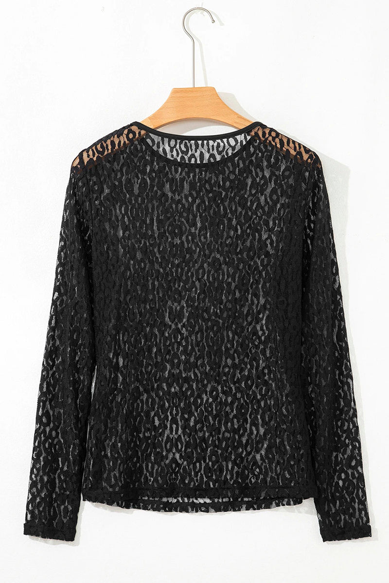 Leopard Pattern Sheer Long Sleeve Top