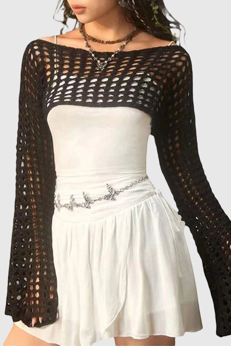Open Knit Long Sleeve Cropped Cover-Up