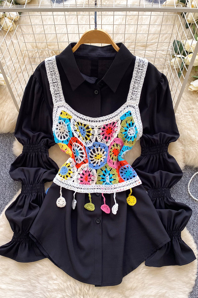 Crochet Patchwork Overlaid Shirt Set