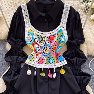 Crochet Patchwork Overlaid Shirt Set