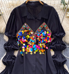 Embellished Sequin Ruched Sleeve Blouse