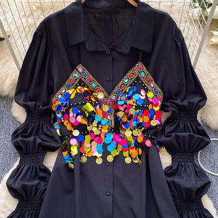 Embellished Sequin Ruched Sleeve Blouse