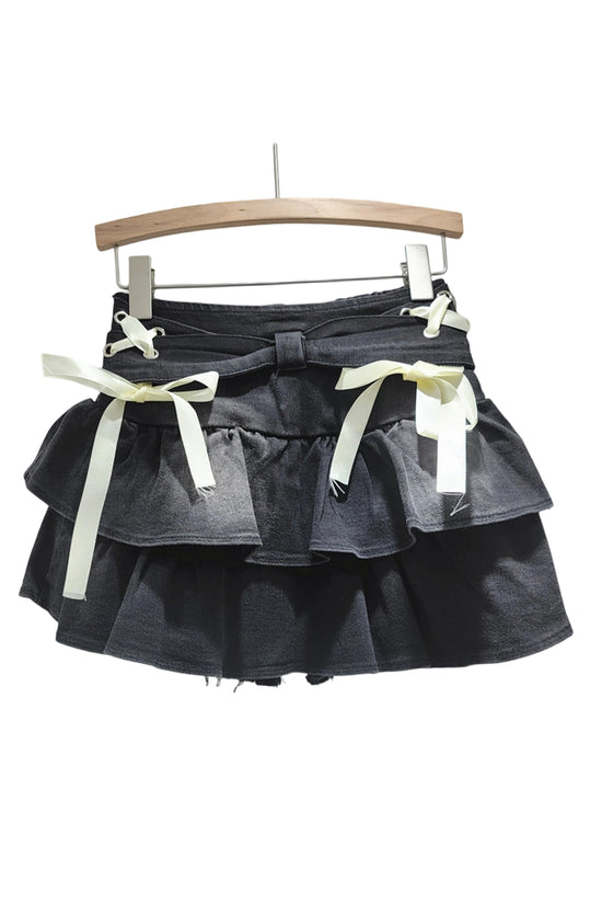 Bow-Adorned Frill Denim Skirt