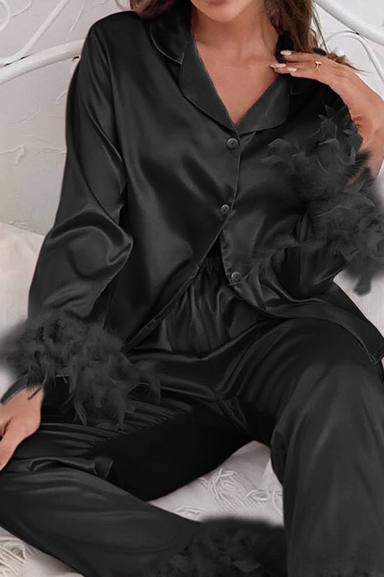 Feather Trim Buttoned Loungewear Set