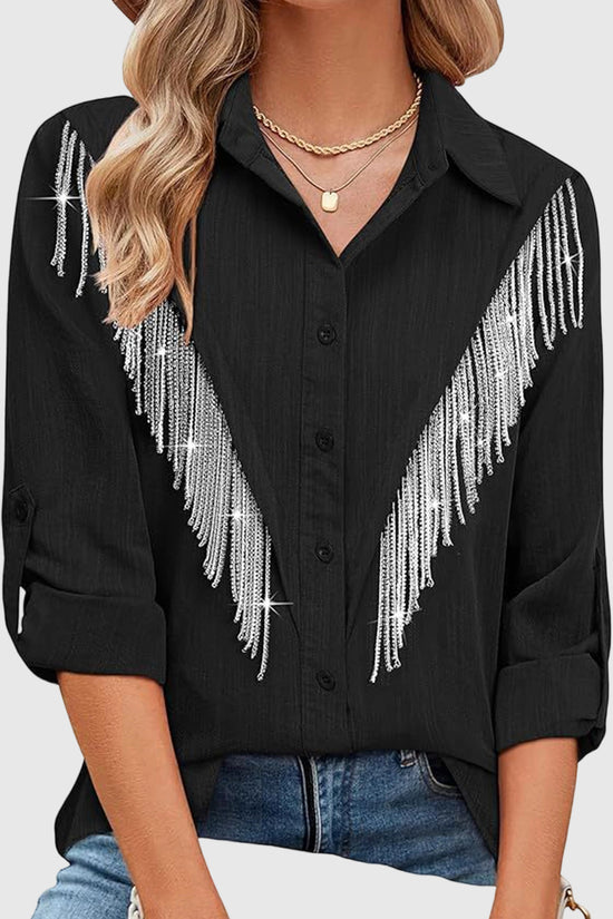 Fringe Embellished Button-Up Blouse