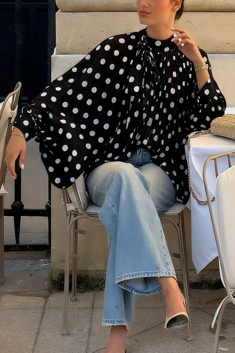 Polka Dot Ruffled Blouse with Flowing Sleeves