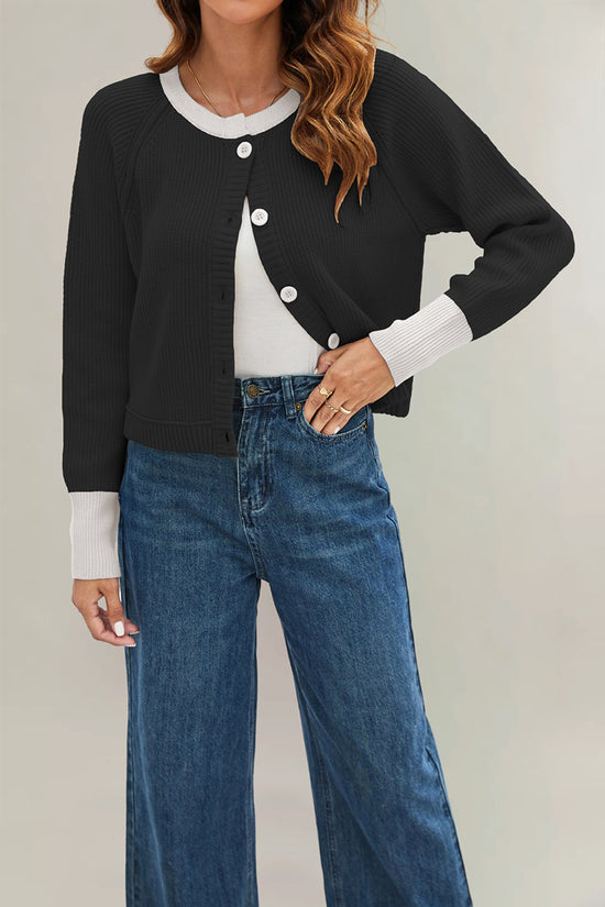 Button-Up Knit Cardigan with Contrast Trim