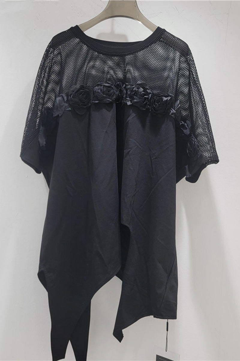 Mesh Rose Detail Oversized T-Shirt