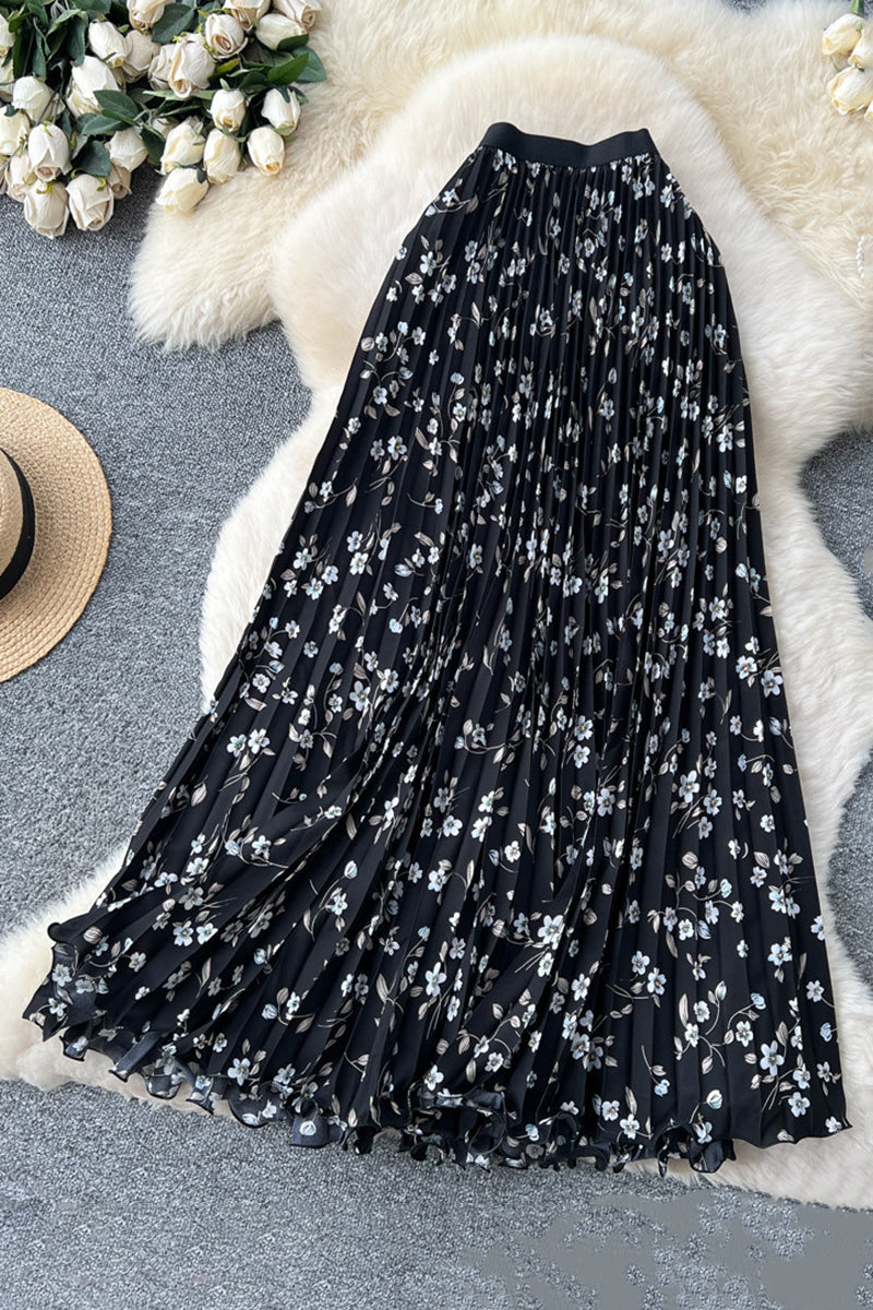 Floral Print Pleated Midi Skirt