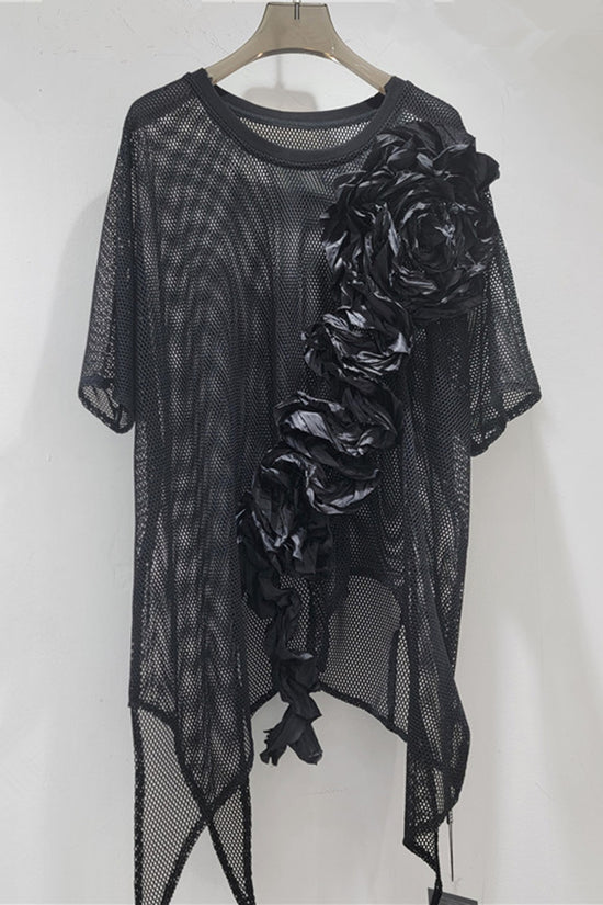 Mesh Appliqué Asymmetrical T-Shirt
