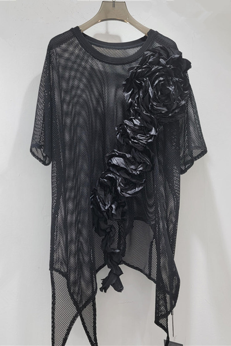 Mesh Appliqué Asymmetrical T-Shirt
