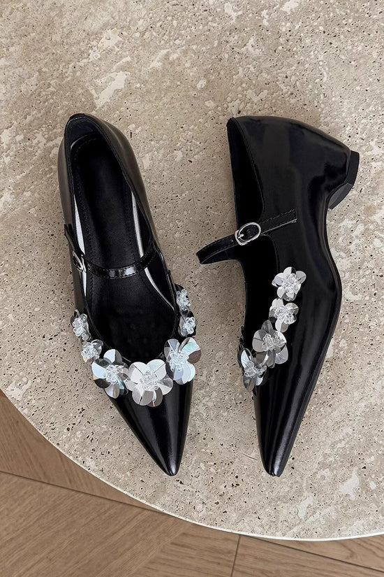Floral Embellished Metallic Flats