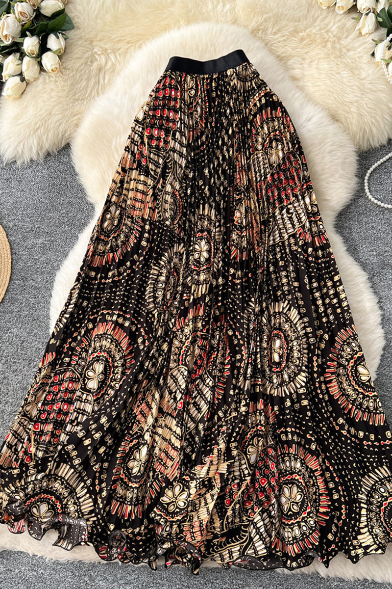 Vibrant Patterned Pleated Midi Skirt