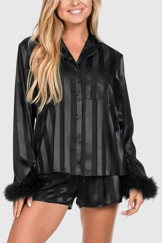 Feather Trim Button-Down Loungewear Set