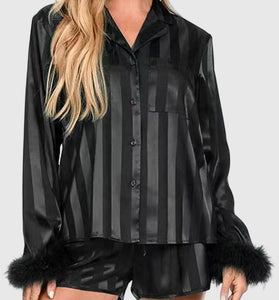 Feather Trim Button-Down Loungewear Set