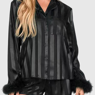 Feather Trim Button-Down Loungewear Set