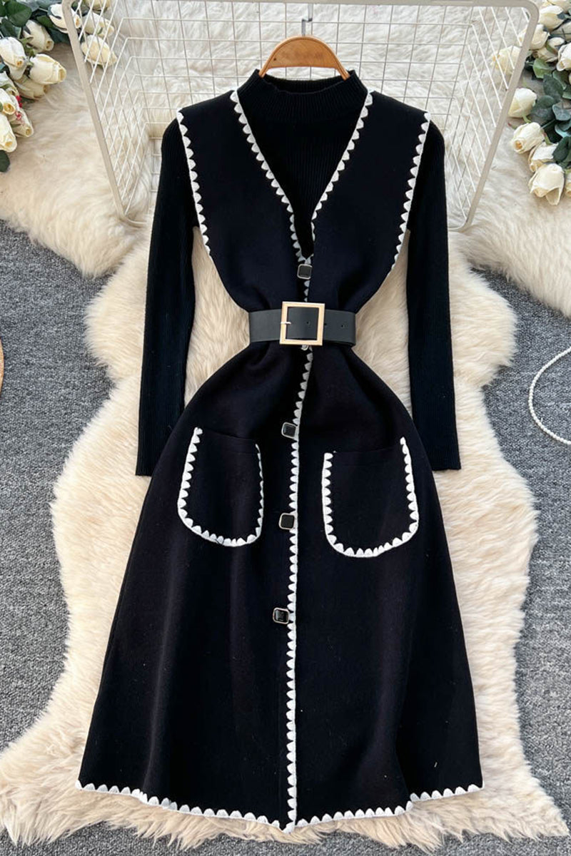 Knit Top and V Neck Dress Set