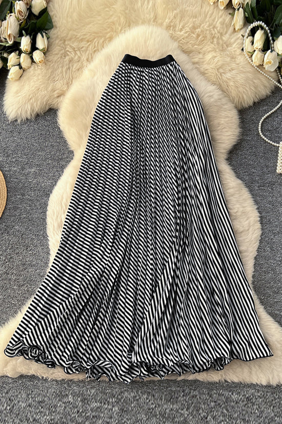 Striped Pleated Midi Skirt