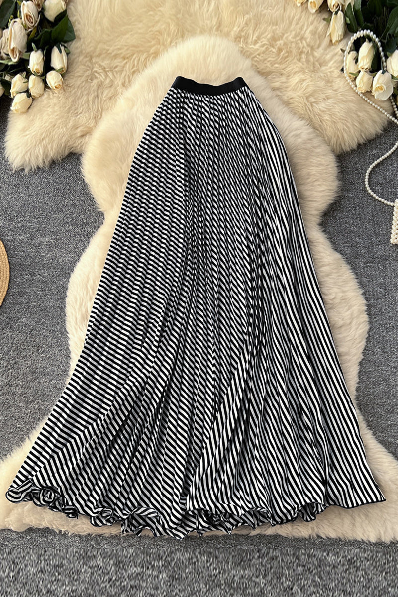 Striped Pleated Midi Skirt