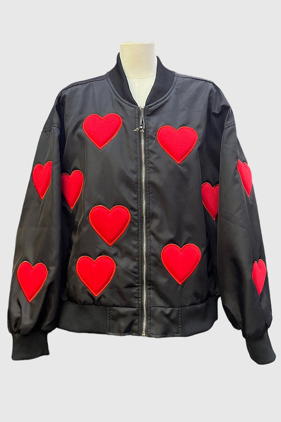 Heart Patterned Zip-Up Bomber Jacket