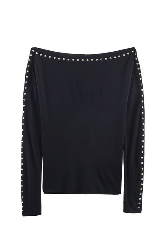 Studded Long Sleeve Off Shoulder Top