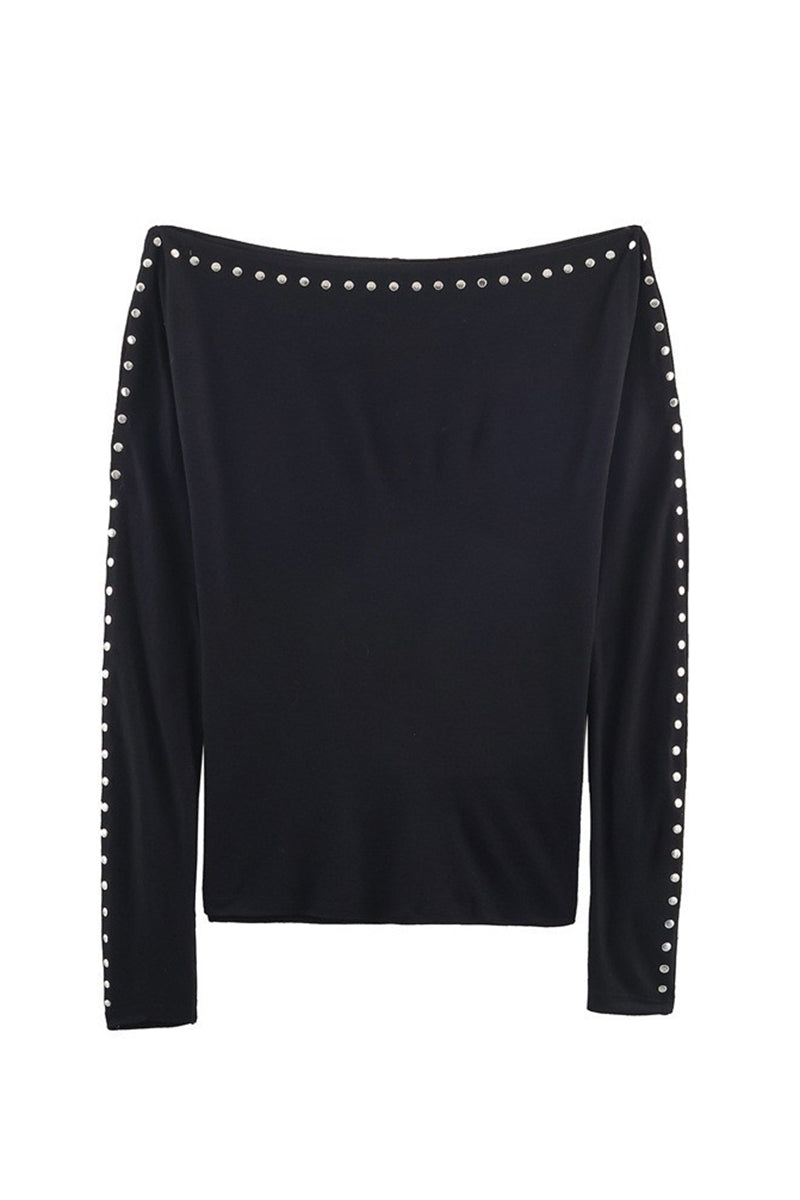 Studded Long Sleeve Off Shoulder Top